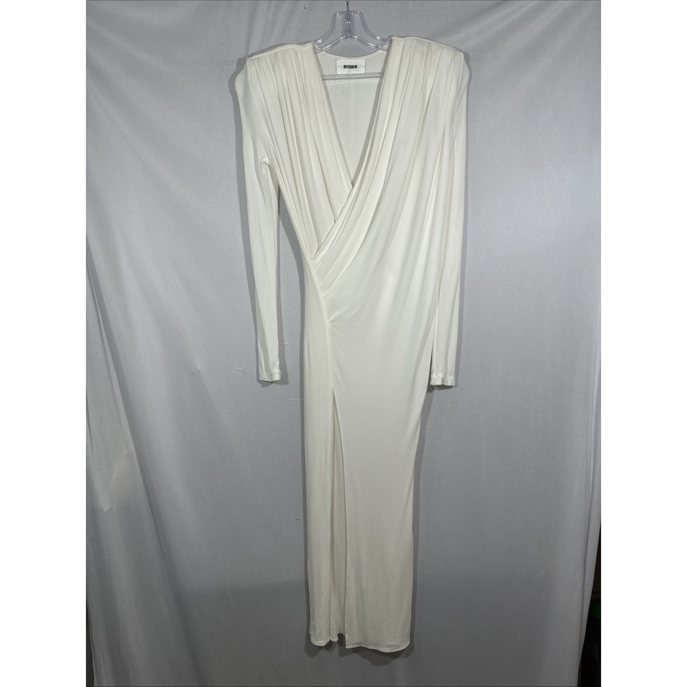 NWD $1750 INTERIOR [ XS ] Padded Shoulder Draped Side Slit Tea Dress Ivory J2261